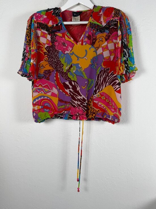 Diane Freis Tops - VINTAGE Diane Freis Petites Womens Multicolor Abstract Georgette Beaded Blouse